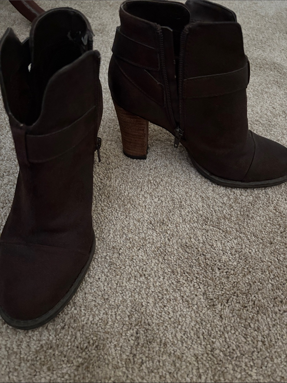 Crown Vintage Dark Brown Suede Ankle Booties with Stacked Heel